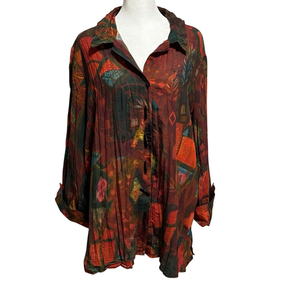 Ali Miles Plus Size 1X Tunic Top Blouse Abstract Print Autumn Fall Button Front